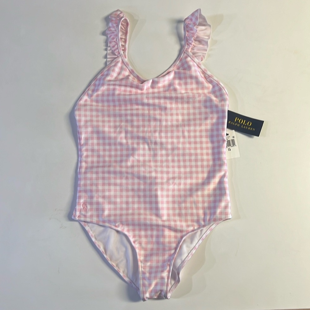 *NWT Polo Ralph Lauren Girl's Pink Gingham Ruffled One-Piece Swimsuit Size 14